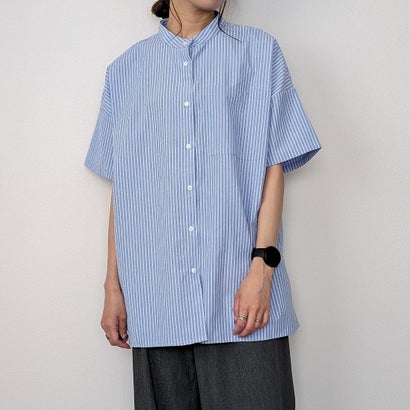 ジュノア JUNOAH 半袖バンドカラーストライプオーバーシャツ （ブルー）