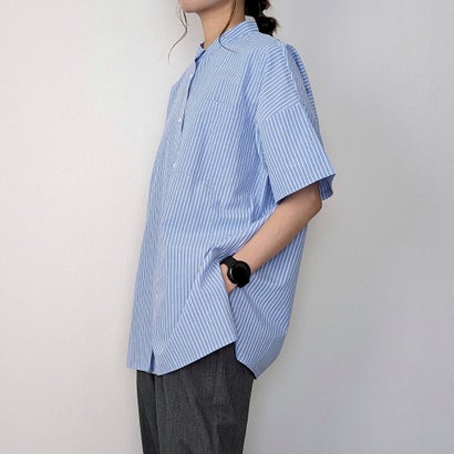 ジュノア JUNOAH 半袖バンドカラーストライプオーバーシャツ （ブルー）