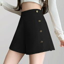 アイカ ica 爽やか さらり ポリエステル素材 ボタン付き ラップデザイン風 ゆったり Aライン ハイウエスト ショートパンツ キュロットパンツ きれいめ カジュアル レディース (BK)