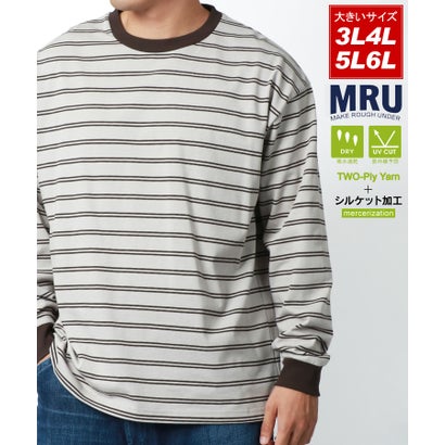 エムアールユー MRU 大きいサイズ 3L 4L 5L 6L 吸汗速乾 UVカット 高機能素材 ボーダー ロンT 長袖Tシャツ （ベージュ）