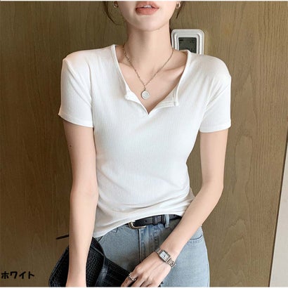 アンドカワイイ And Kawaii Tシャツ きれいめ 半袖 トップス カジュアル 韓国 （ホワイト）