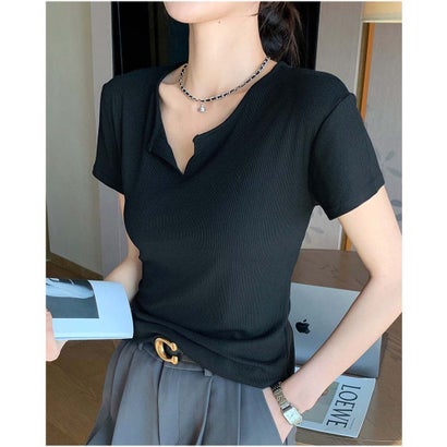 アンドカワイイ And Kawaii Tシャツ きれいめ 半袖 トップス カジュアル 韓国 （ブラック）