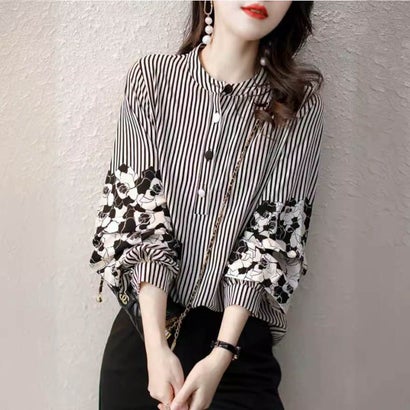 メゾンドラティール maison de LATIR くしゅっと袖ストライプブラウス （ブラック）