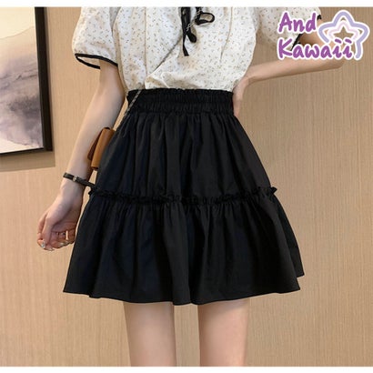 アンドカワイイ And Kawaii フリルティアードミニスカート ショート・ミニ丈 ハイウエスト 無地 カジュアル 韓国ファッション （ブラック）のサムネイル