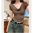 アンドカワイイ And Kawaii Tシャツ 半袖 オフショルダー2way ショート丈Tシャツ 肩だし 韓国ファッション (モカ)