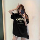アンドカワイイ And Kawaii 半袖Tシャツ レディース クルーネック logoプリント 夏服 韓国ファッション (ブラック)