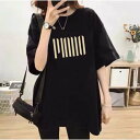 アンドカワイイ And Kawaii 半袖 ロゴプリント Tシャツ ゆったり 着やせ カジュアルトップス 韓国ファッション (ブラック)