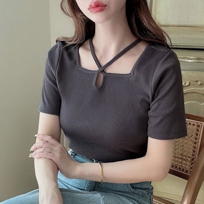 メイル Meiru Meiru クロスネックリブトップス （チャコール）