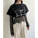 ジュエローブ Jewelobe ビスチェプリントクロップドTシャツ×レーストップスセットアップ (ブラック)
