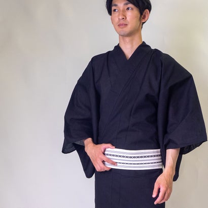 キモノアンノン kimonoあんのん メンズ 国産高級綿麻しじら生地使用浴衣セット （ブラック）
