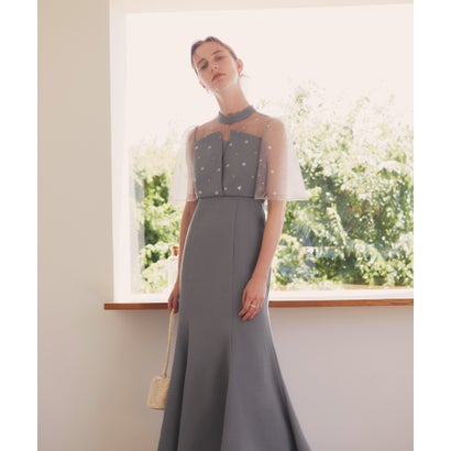 レジャ Leja 花柄ストーンスパンコールチュールオーバーラップマーメイドワンピースドレス美脚効果ドレス結婚式 パーティードレス 成人式 20代 30代 40代 (BLUE)