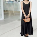 アイカ ica さらり 涼しい 薄手 ストレッチ とろみ素材 ロング丈 裾切り替え ギャザー フレア Aライン キャミワンピース ロングワンピース リゾートワンピース サマードレス (BK)