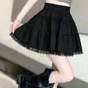 アイカ ica 裾レース ペチパンツ付き ハイウエスト ふんわり ギャザー フレア ティアード ミニスカート ティアードスカート サーキュラースカート フレアスカート ショート丈 ミニ丈 (BK)