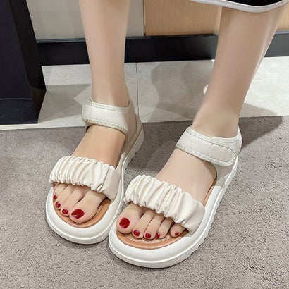 ショッピングゴー shoppinggo サンダル レディース 厚底 歩きやすい ミュール パンプス 靴 春夏 ビーチ ぺたんこ ローヒール フラット ビーチサンダル （ベージュ）