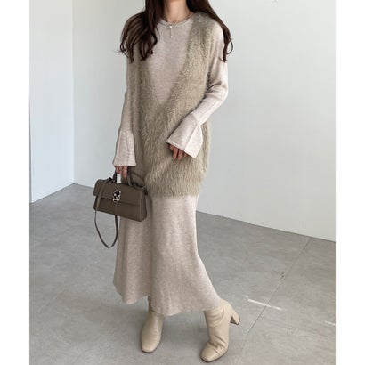 ジーラ GeeRA リブニットワンピース×シャギーベストセット (ベージュ系)