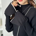 ジーラ GeeRA 配色フレアリブニットトップス (ブラック)