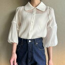 ジュノア JUNOAH 楊柳シアーボリューム袖ブラウス (クリーム)