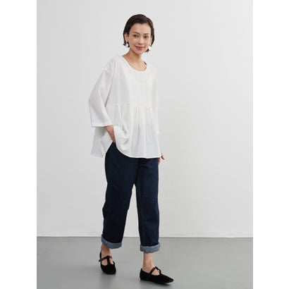 オンワンズオン On One's Own 長袖ギャザートップ・春夏ジャガード・大人ガーリー・体系カバープルオーバー (WHITE)