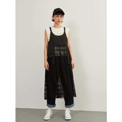 オンワンズオン On One's Own チェックレース・異素材ドッキング・レイヤード・シアーキャミワンピ (BLACK)