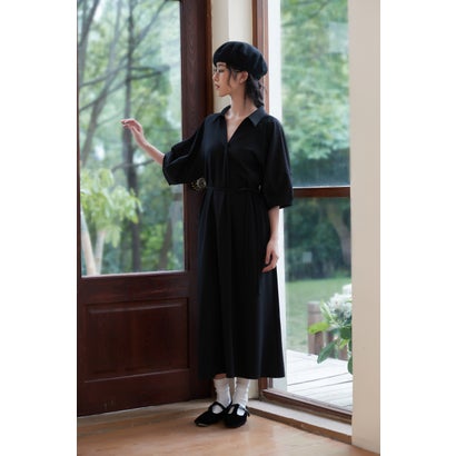 オンワンズオン On One's Own フォルムボリュームスリーブワンピースリボンベルト付き (BLACK) オンワンズオン On One's Own フォルムボリュームスリーブワンピースリボンベルト付き (BLACK)