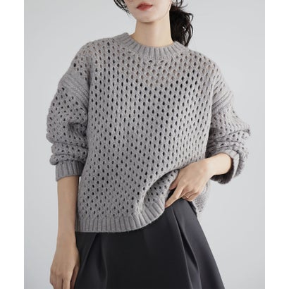 エルフランク ELFRANK ショート丈メッシュ透かし編みニットプルオーバー （グレー）