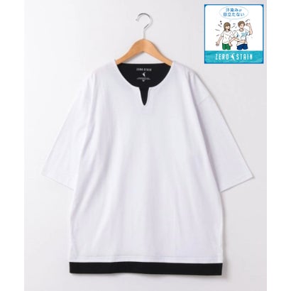 ジーンズメイト JEANS MATE 【ZEROSTAIN】フェイクレイヤード BIGシルエット キーネックT （ホワイト）