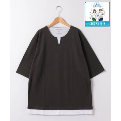 ジーンズメイト JEANS MATE 【ZEROSTAIN】フェイクレイヤード BIGシルエット キーネックT （チャコールグレー）