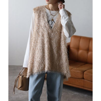 ボンジュールサガン BONJOUR SAGAN ディープVネックブラシフリンジベスト （BEIGE）