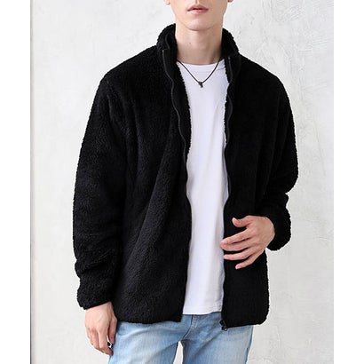 トップイズム TopIsm フリース ブルゾン メンズ ジャケット ファー シャギーボア くすみカラー 無地 スタンドネック フルジップ フワフワ モコモコ （2-ブラック）