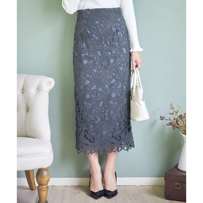 トッコクローゼット tocco closet カットワークフラワーレース刺繍タイトスカート (チャコールグレー)