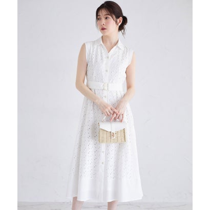 トッコクローゼット tocco closet ベルト付き花釦フラワーコットンレースシャツワンピース (オフホワイト)