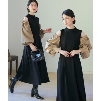 ルイルエブティック RUIRUE BOUTIQUE 2way袖配色オープンショルダーフレアワンピース （ブラック×カーキベージュ）