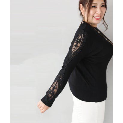 カワイイ CAWAII ぽっちゃりさん専用。ムチムチ二の腕ごまかせる袖レースニット （ブラック）