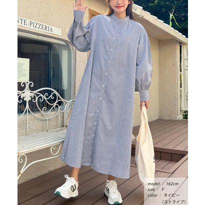 アドティエ ad thie バルーンスリーブバンドカラーシャツワンピース 無地ストライプ 秋服 秋 冬服 冬 (ネイビー(ストライプ)) アドティエ ad thie バルーンスリーブバンドカラーシャツワンピース 無地ストライプ 秋服 秋 冬服 冬 (ネイビー(ストライプ))
