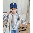 アイモハ aimoha 【aimohaーKIDSー】韓国子供服 アメカジ風刺繍入りボーダービッグシルエットロンTEE (ブルー)(4)