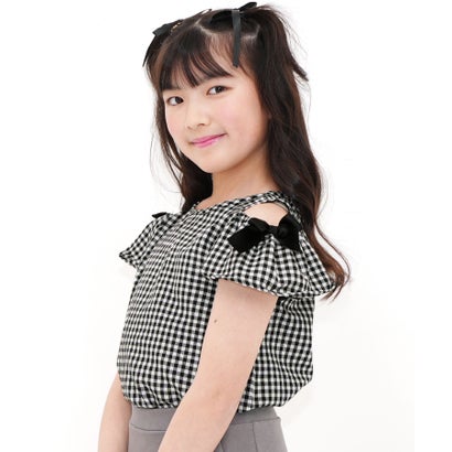 コドモフク ビー 子供服Bee オフショルダーリボントップス （ブラック×チェック）