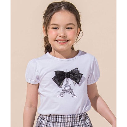ベベ BeBe エッフェル塔プリントリボン天竺パフスリーブTシャツ(90~150cm) （ホワイト）