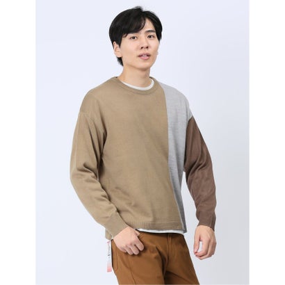 タカキュー TAKA-Q カシミアタッチ パネルクルー ニット & 長袖 Tシャツ アンサンブル カットソー セーター (茶) メンズ 長袖 ギフト プレゼント...
