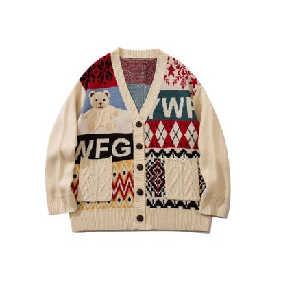 フック HOOK 【HOOK】パッチワーク柄ベアイラストカーディガン メンズ （ベージュ）