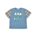 スラップ スリップ SLAP SLIP 【お揃い】袖チェック柄切り替え恐竜プリント半袖Tシャツ(80~130cm) (ブルー)