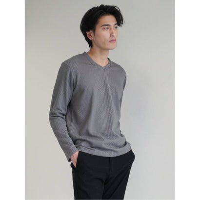 ブロックジャガード Vネック長袖Tシャツ メンズ Tシャツ カットソー カジュアル インナー ビジネス ギフト プレゼント (白黒)