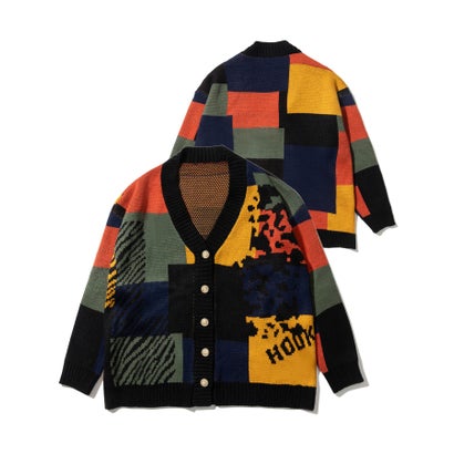 フック HOOK 【HOOK】ーoriginalー レトロ調アニマル・配色パッチワークニットカーディガン （ブラック）