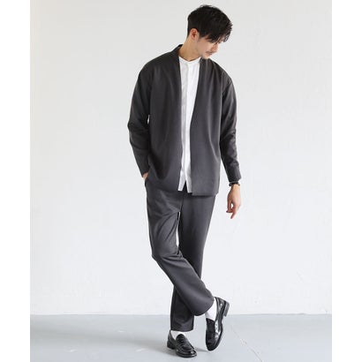 カジュアル THE CASUAL LILVENDARS/スウェード&ダンボールノーカラーカーディガン&テーパードパンツ 2点セットアップ (チャコールグレー)
