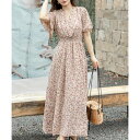 テディショップ Teddyshop レディース Vネック花柄ウエスト絞りふんわりロングワンピース (P:ブラウン×ピンクフラワー)