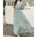 テディショップ Teddyshop レディース Vネック花柄ウエスト絞りふんわりロングワンピース (O:グリーン×ホワイトフラワー)