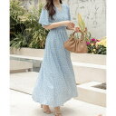 テディショップ Teddyshop レディース Vネック花柄ウエスト絞りふんわりロングワンピース (W:ブルー×ホワイトフラワー)