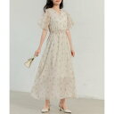 テディショップ Teddyshop レディース Vネック花柄ウエスト絞りふんわりロングワンピース (U:ライトベージュ×フラワー)