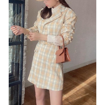 エイミーイストワール eimy istoire パワーショルダーショートジャケットチェックセットアップ (BEIGE) エイミーイストワール eimy istoire パワーショルダーショートジャケットチェックセットアップ (BEIGE)