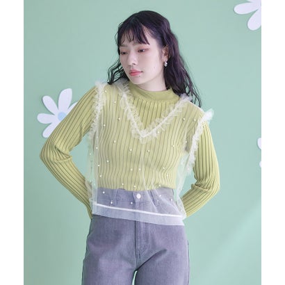 ミエット miette パール付きチュールフリルVネックトップス (オフホワイト)