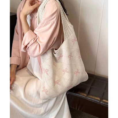 ニットトートバッグ リボン柄ニット編み鞄